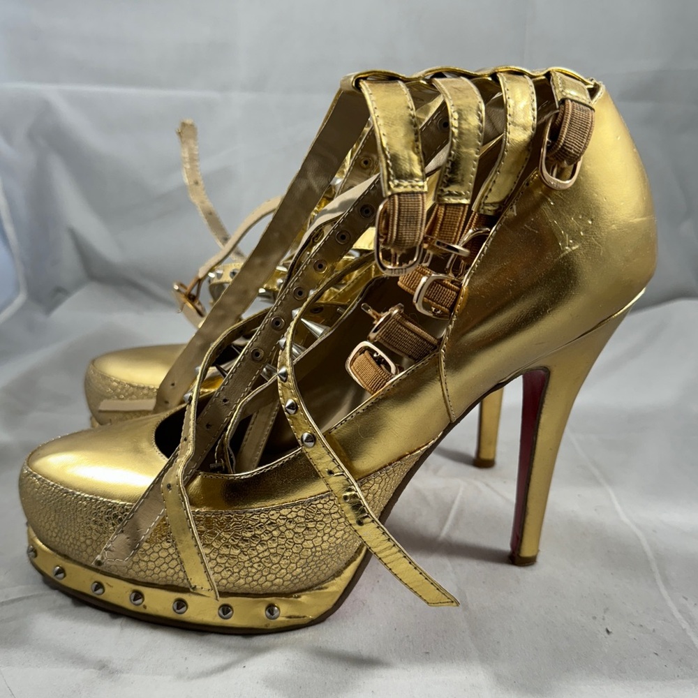 Christian Louboutin gold platform studded strappy heels 39